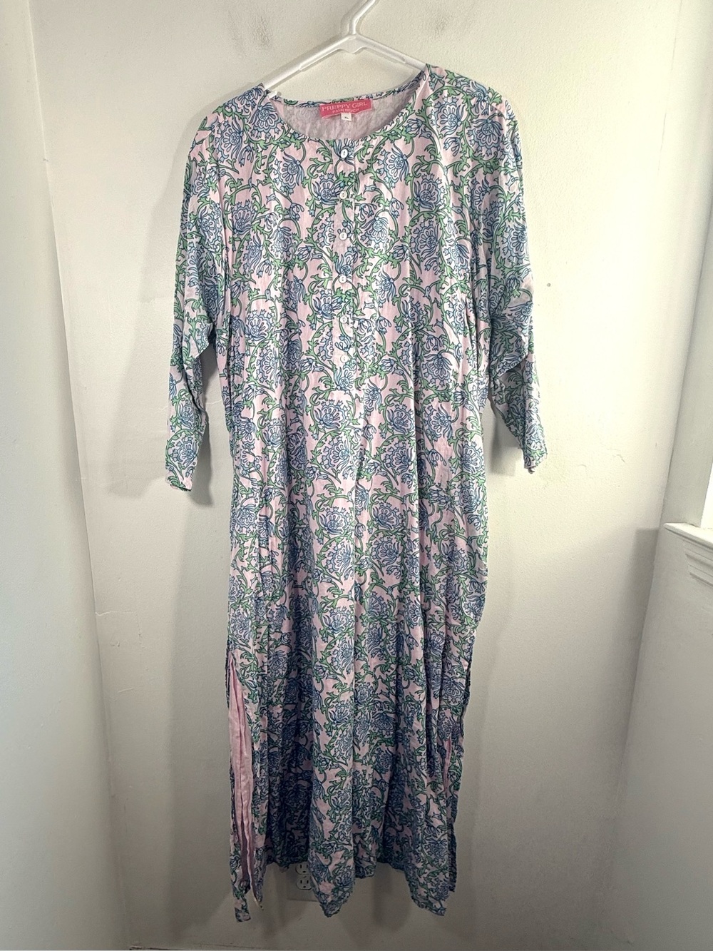Preppy Girl Palm Beach Pink Blue Green Floral Damask 100% Cotton Maxi Dress XL
